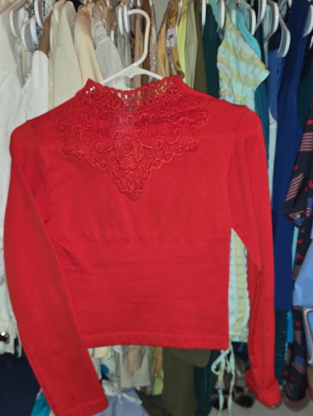 Red Lace-Trim Long Sleeve Women's Top